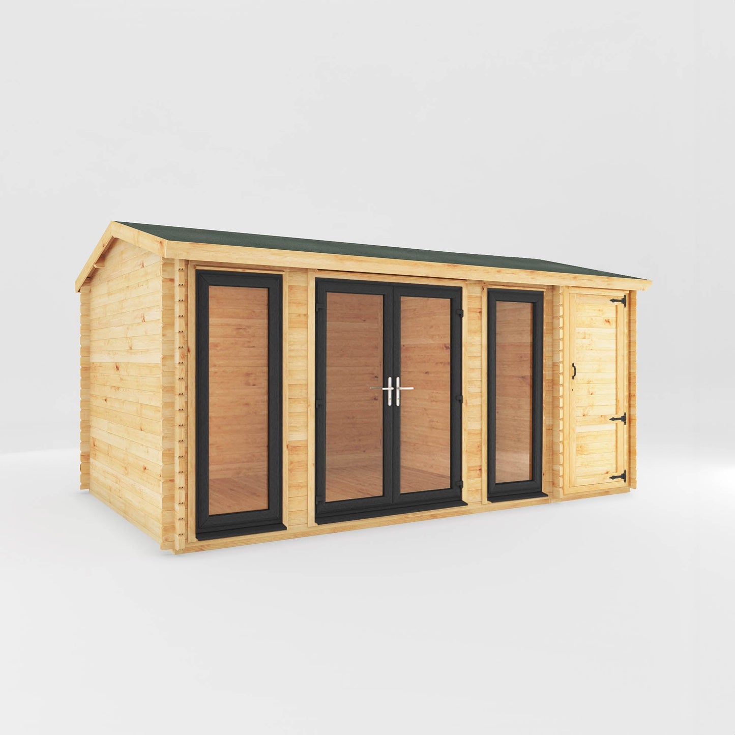 Mercia Studio 10' 3" x 16' 10" Apex Log Cabin - Premium 44mm Cladding Loglap - Grey UPVC