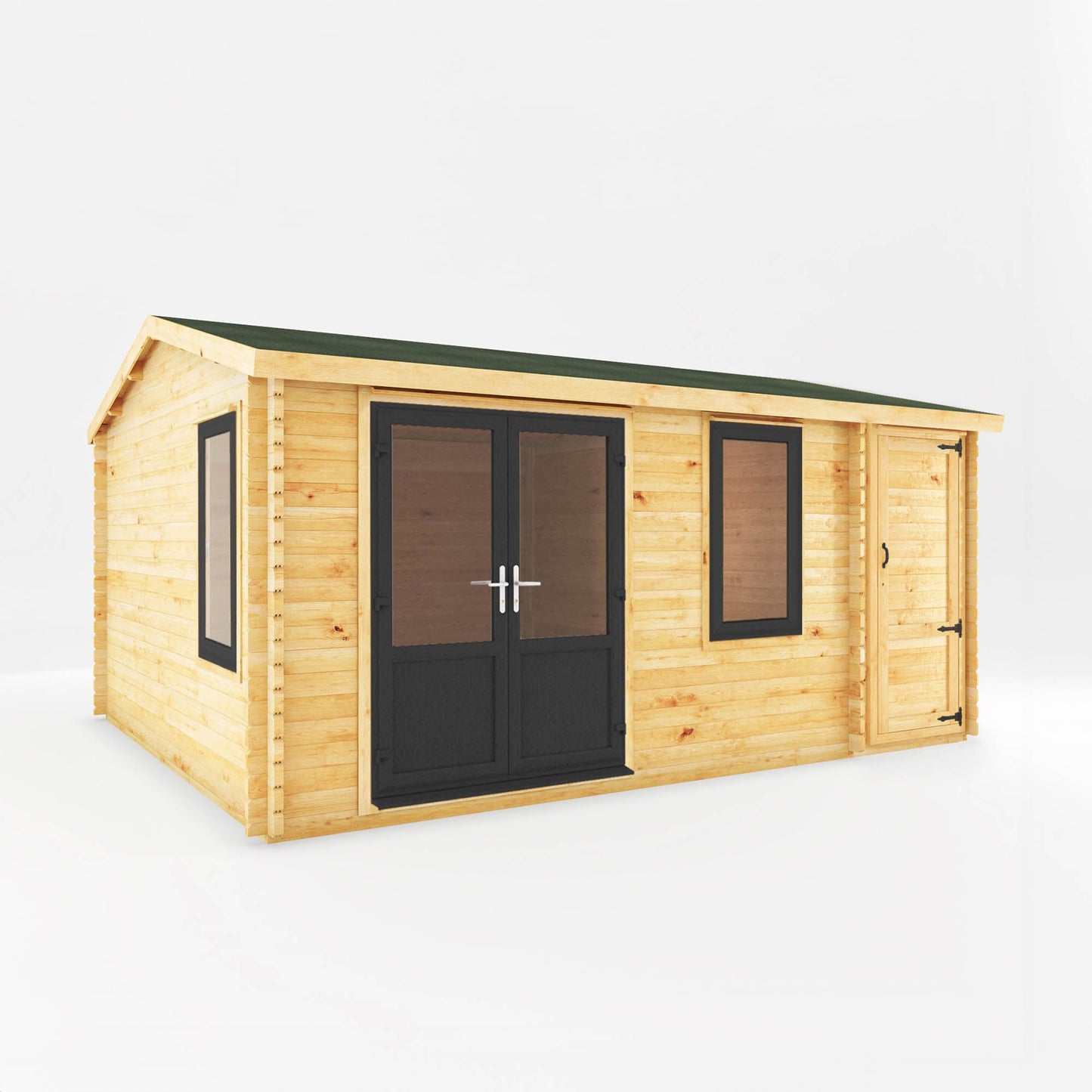 Mercia Elite 13' 6" x 16' 11" Apex Log Cabin - Premium 44mm Cladding Loglap - Grey UPVC