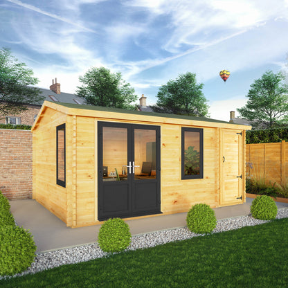Mercia Elite 13' 6" x 16' 11" Apex Log Cabin - Premium 44mm Cladding Loglap - Grey UPVC