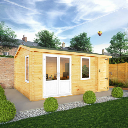 Mercia Elite 13' 6" x 16' 11" Apex Log Cabin - Premium 44mm Cladding Loglap - White UPVC