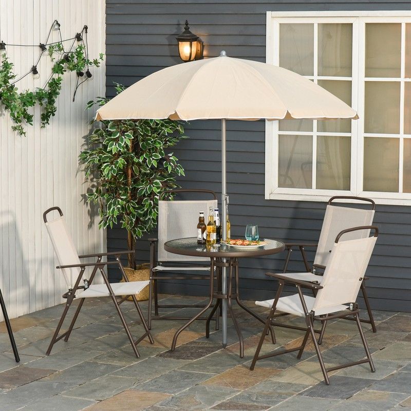 Garden Patio Texteline Folding Chairs Plus Table Parasol Furniture Bistro Set 6 Pieces Black Cream