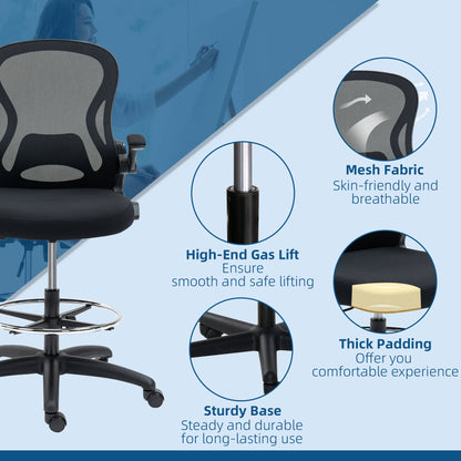 Vinsetto Adjustable Mesh Standing Desk Chair with Flip-up Armrests Lumbar Support Armrests Adjustable Footrest Ring Black