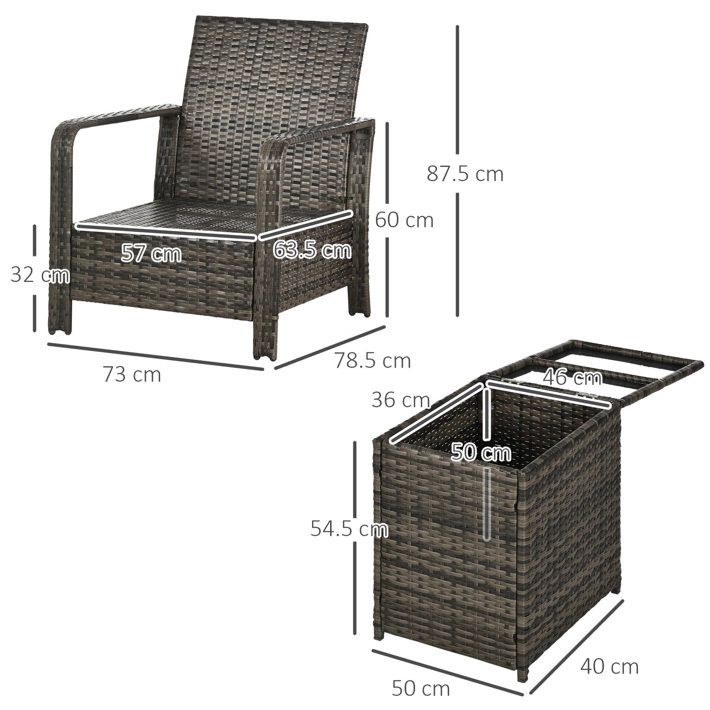 3-Piece PE Rattan Wicker Garden Furniture Patio Bistro Set Weave Conservatory Sofa Storage Table and Chairs Set Grey Cushion & Wicker