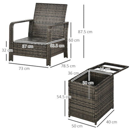 3-Piece PE Rattan Wicker Garden Furniture Patio Bistro Set Weave Conservatory Sofa Storage Table and Chairs Set Grey Cushion & Wicker