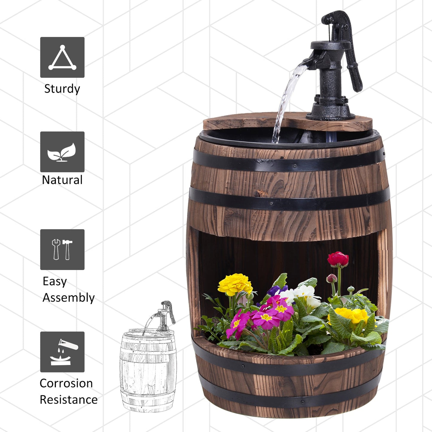 Fir Wood Barrel Pump Fountain W/ Flower Planter
