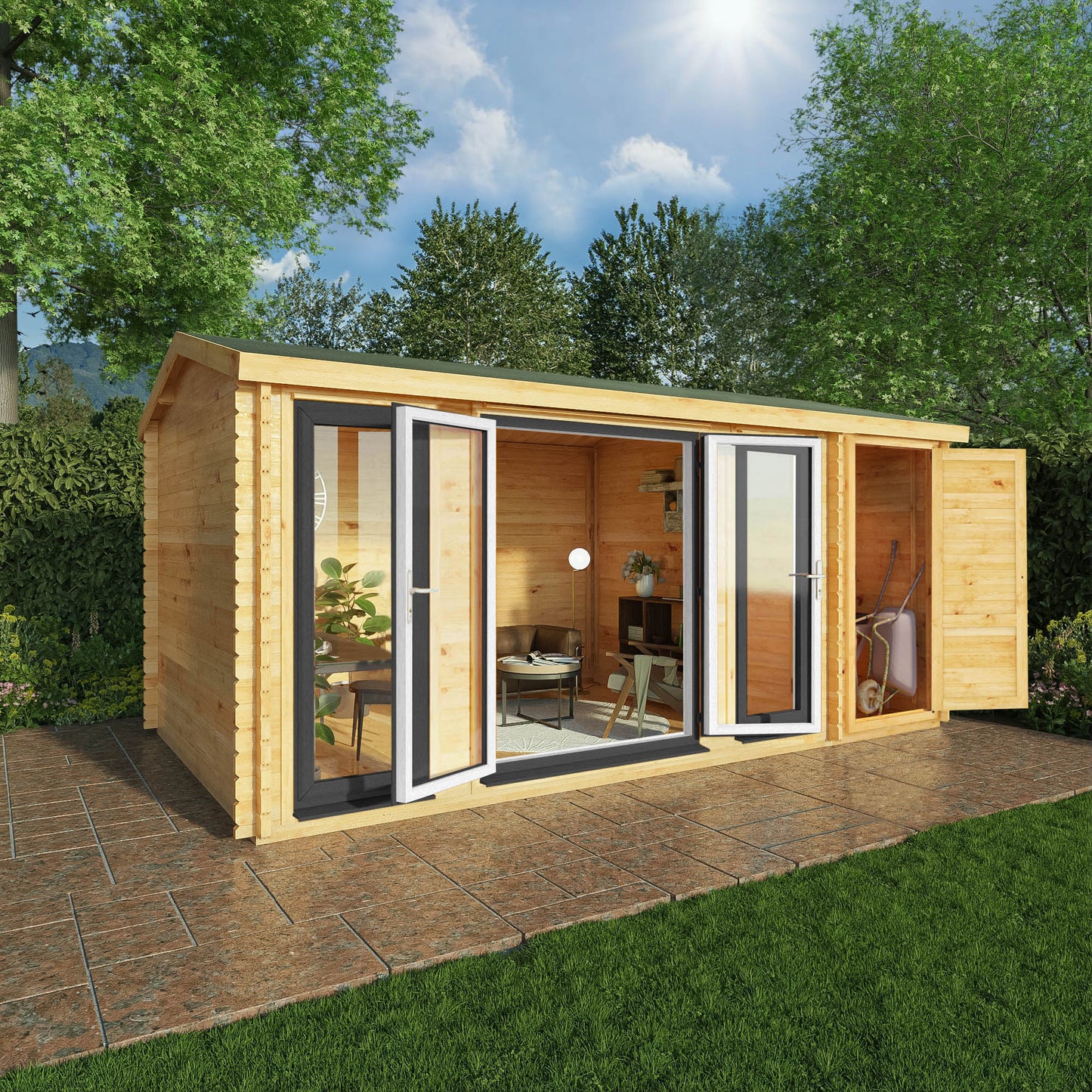 Mercia Studio 10' 3" x 16' 10" Apex Log Cabin - Premium 44mm Cladding Loglap - Grey UPVC