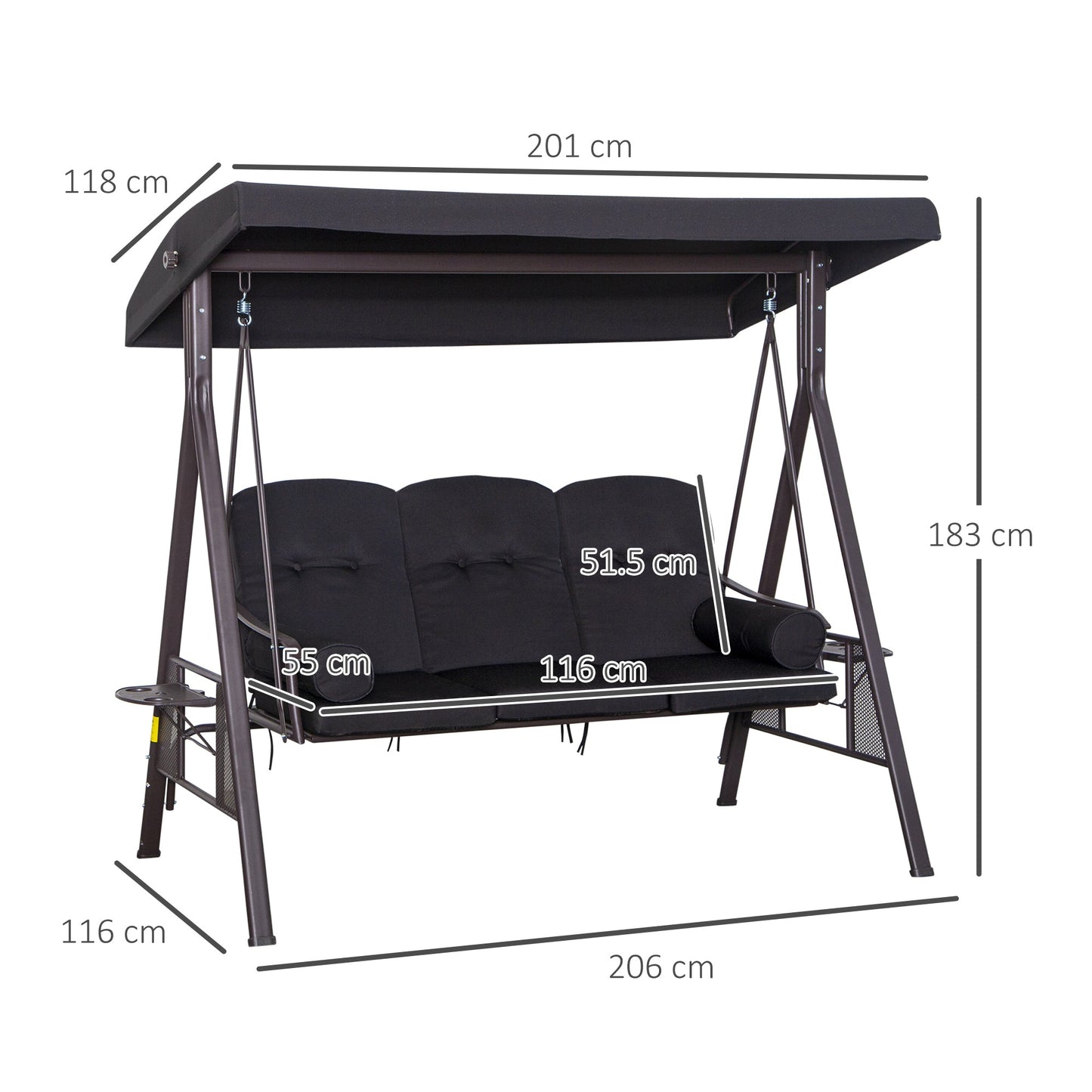 Swing Chair Hammock Chair 3 Seater Canopy Cushion Shelter Outdoor Bench Black