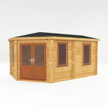 Mercia Corner 10' 4" x 16' 8" Hip Log Cabin - Premium 44mm Cladding Loglap - Brown UPVC