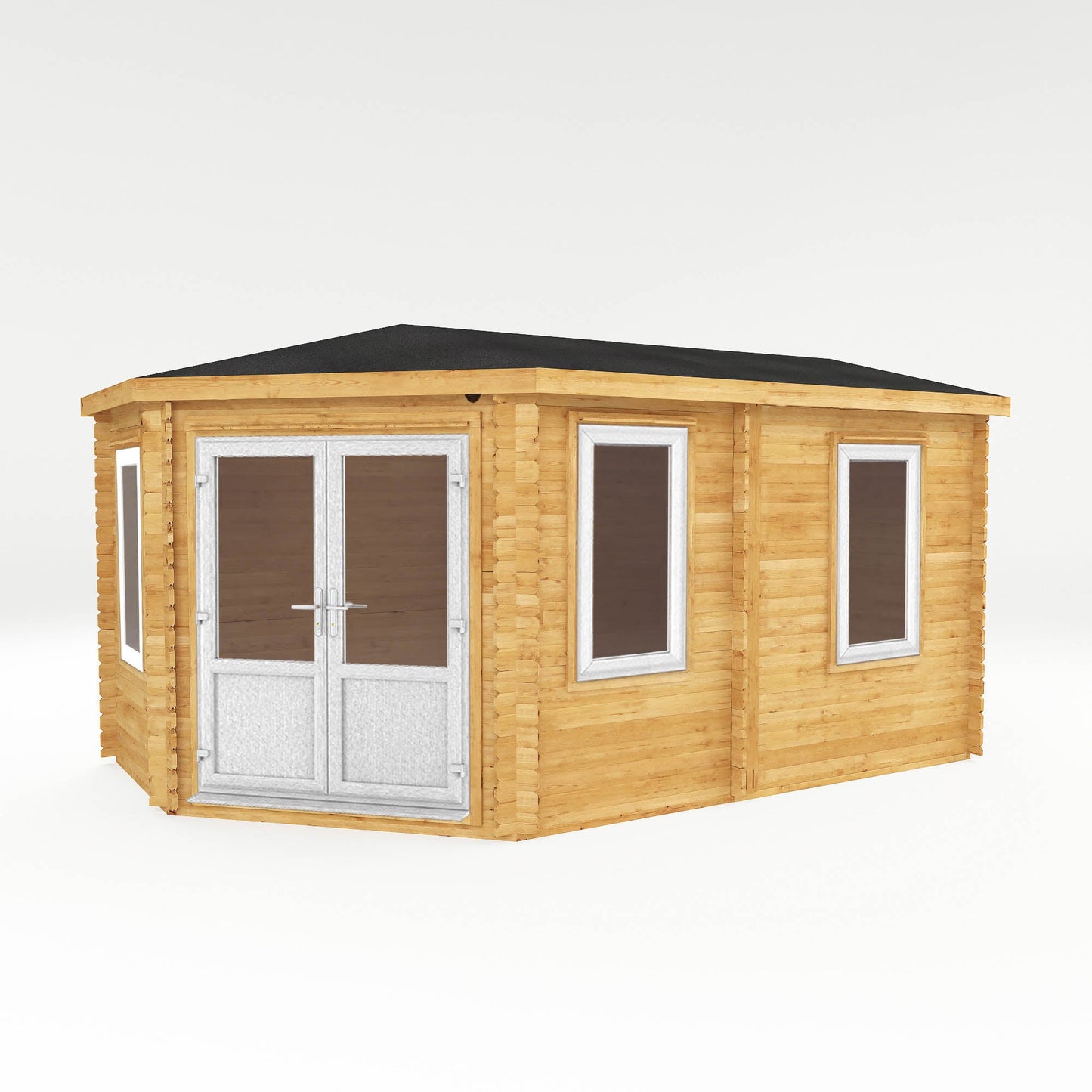 Mercia Corner 10' 4" x 16' 8" Hip Log Cabin - Premium 44mm Cladding Loglap - White UPVC