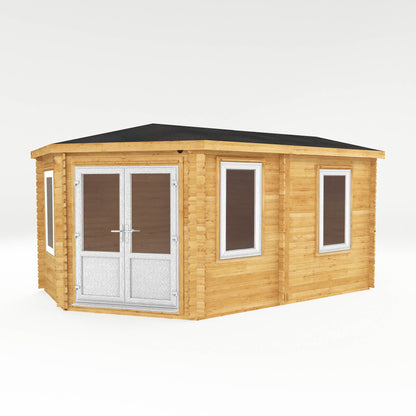 Mercia Corner 10' 4" x 16' 8" Hip Log Cabin - Premium 44mm Cladding Loglap - White UPVC
