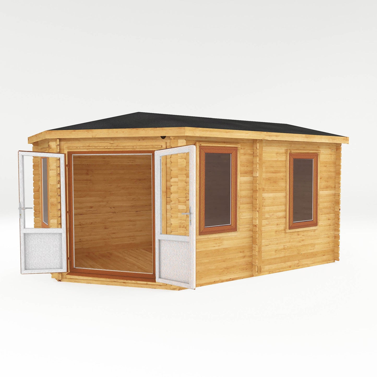 Mercia Corner 10' 4" x 16' 8" Hip Log Cabin - Premium 44mm Cladding Loglap - Brown UPVC