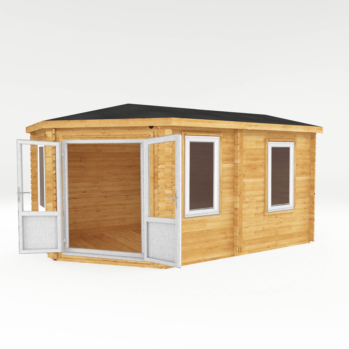 Mercia Corner 10' 4" x 16' 8" Hip Log Cabin - Premium 44mm Cladding Loglap - White UPVC