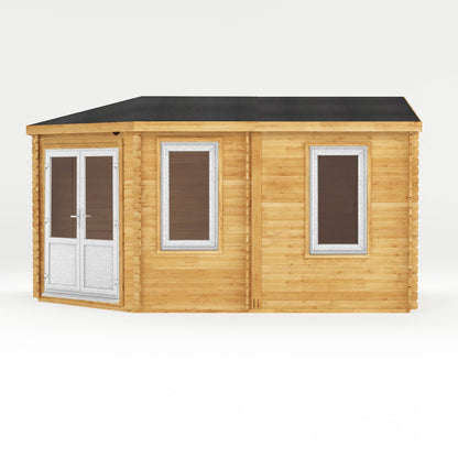 Mercia Corner 10' 4" x 16' 8" Hip Log Cabin - Premium 44mm Cladding Loglap - White UPVC