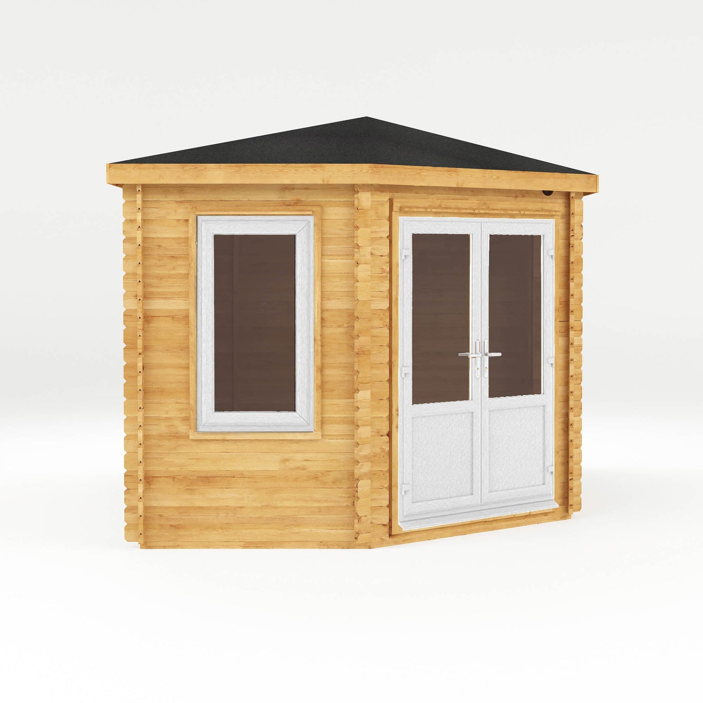 Mercia Corner 10' 4" x 16' 8" Hip Log Cabin - Premium 44mm Cladding Loglap - White UPVC