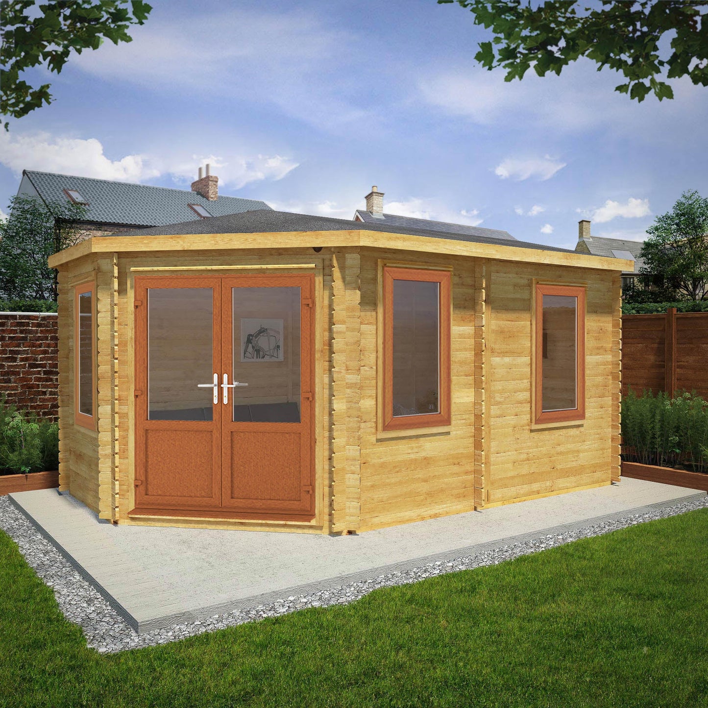 Mercia Corner 10' 4" x 16' 8" Hip Log Cabin - Premium 44mm Cladding Loglap - Brown UPVC