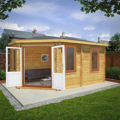 Mercia Corner 10' 4" x 16' 8" Hip Log Cabin - Premium 44mm Cladding Loglap - Brown UPVC