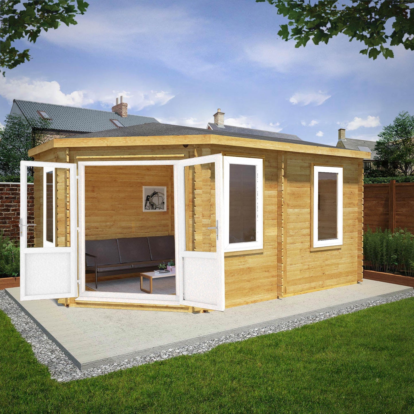 Mercia Corner 10' 4" x 16' 8" Hip Log Cabin - Premium 44mm Cladding Loglap - White UPVC