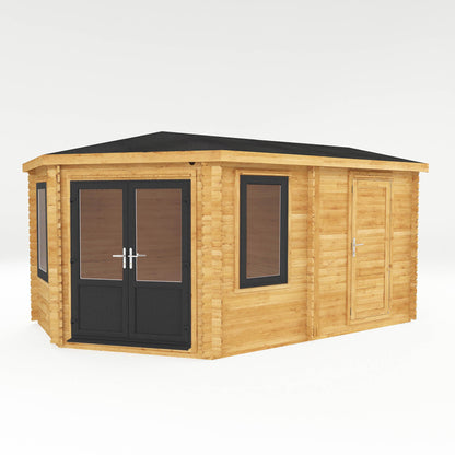 Mercia Corner 10' 4" x 16' 8" Hip Log Cabin Shed - Premium 44mm Cladding Loglap - Grey UPVC
