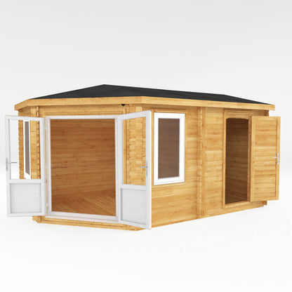Mercia Corner 10' 4" x 16' 8" Hip Log Cabin Shed - Premium 44mm Cladding Loglap - White UPVC
