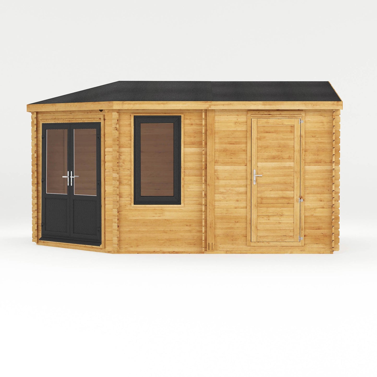 Mercia Corner 10' 4" x 16' 8" Hip Log Cabin Shed - Premium 44mm Cladding Loglap - Grey UPVC