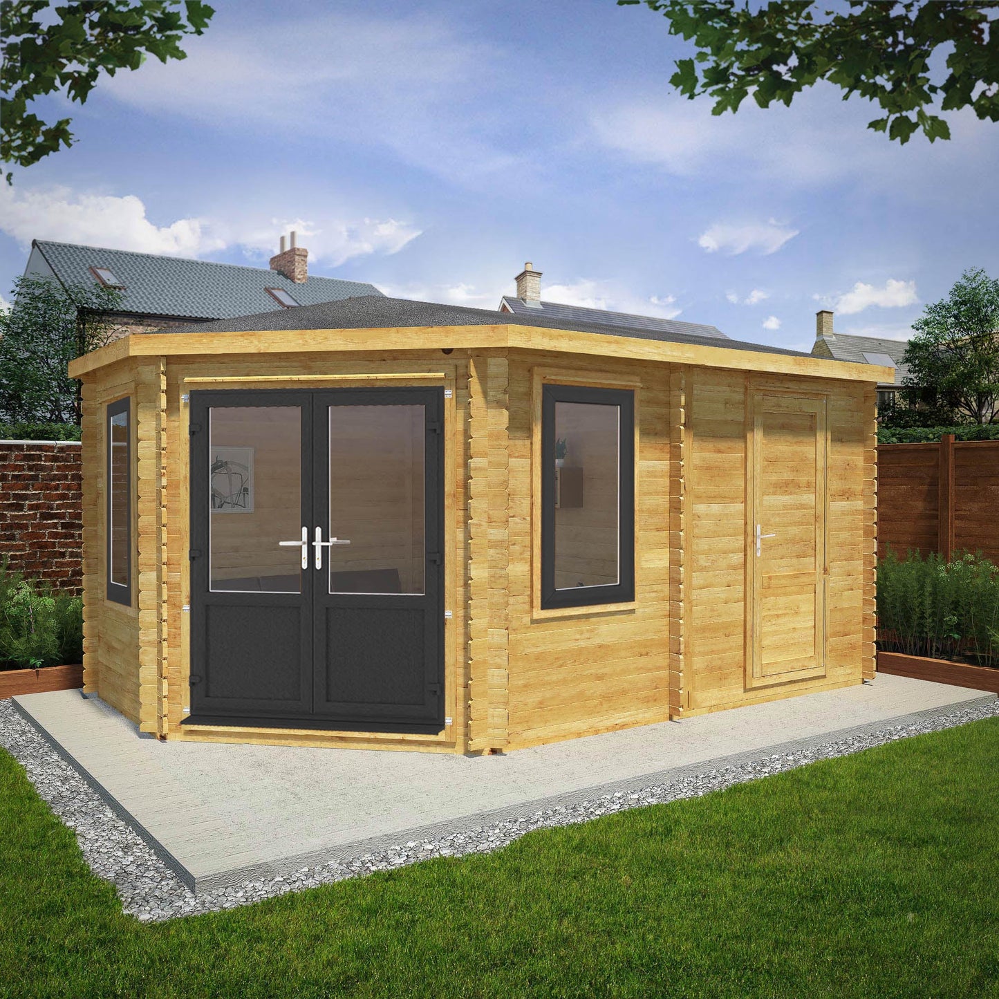 Mercia Corner 10' 4" x 16' 8" Hip Log Cabin Shed - Premium 44mm Cladding Loglap - Grey UPVC