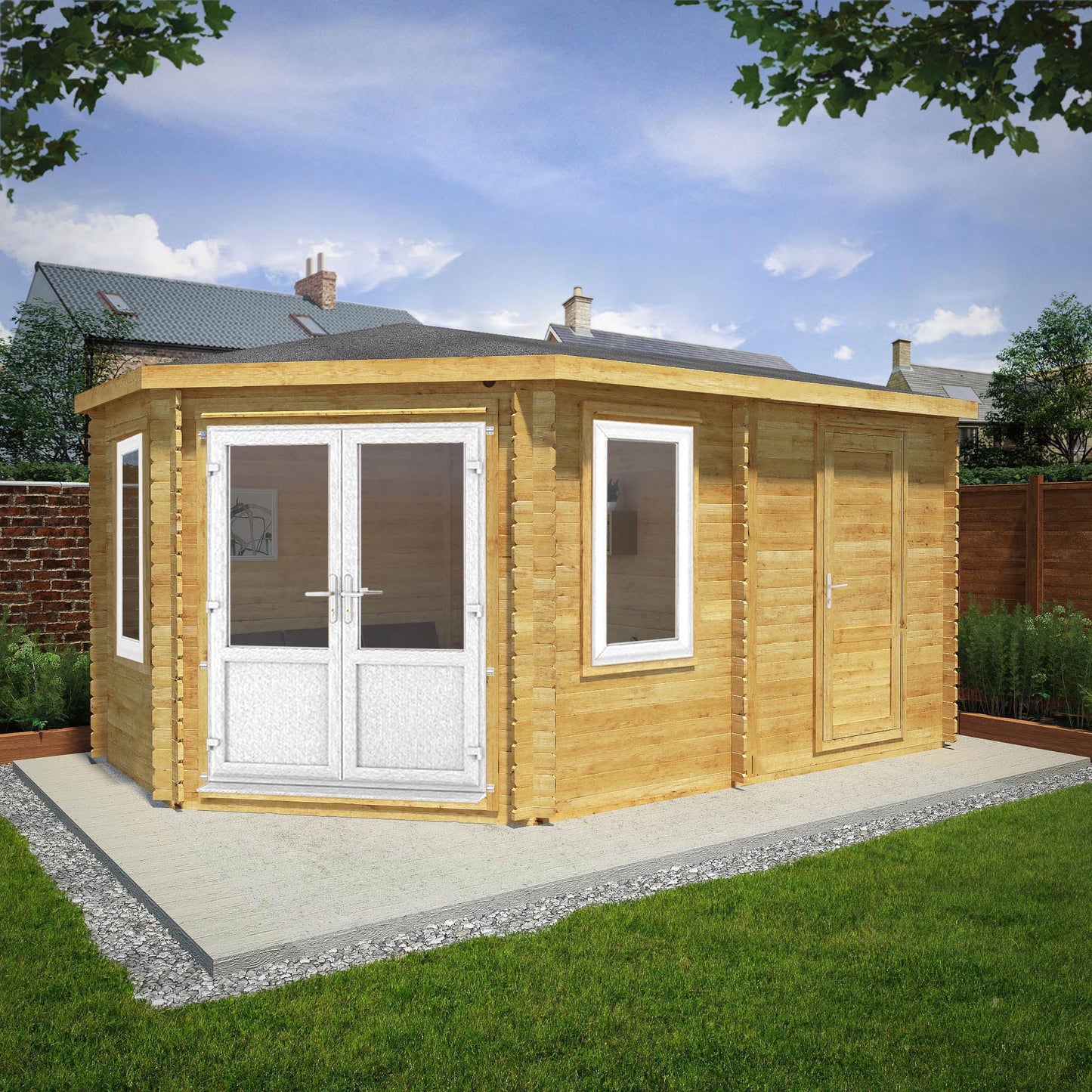 Mercia Corner 10' 4" x 16' 8" Hip Log Cabin Shed - Premium 44mm Cladding Loglap - White UPVC