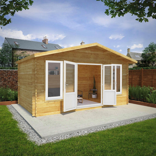 Mercia Retreat 11' 3" x 16' 10" Apex Log Cabin - Premium 44mm Cladding Loglap - White UPVC