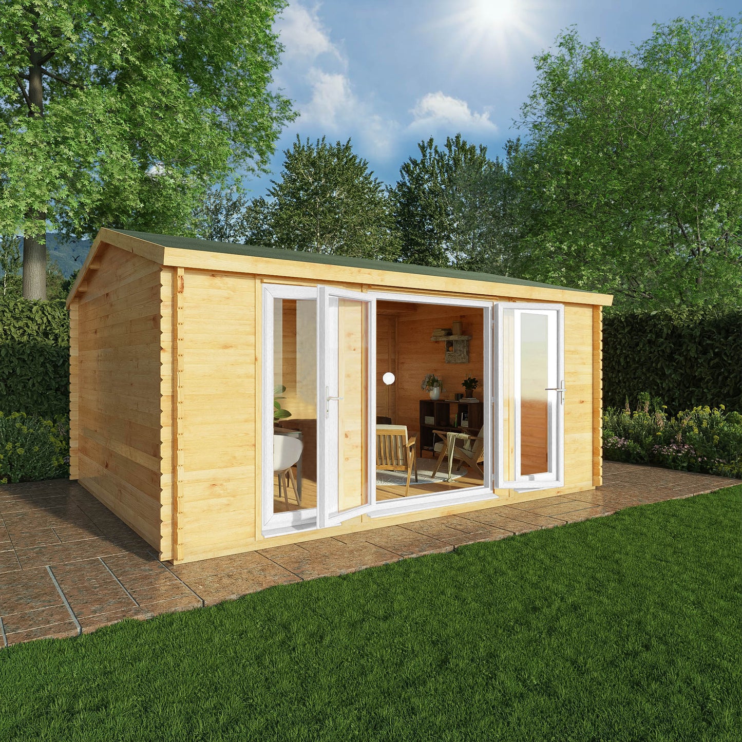 Mercia Studio 13' 7" x 16' 6" Apex Log Cabin - Premium 44mm Cladding Loglap - White UPVC