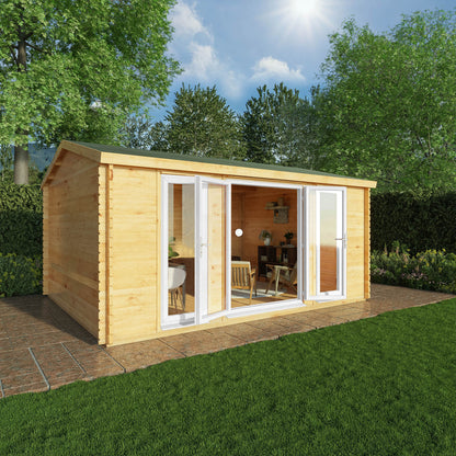 Mercia Studio 13' 7" x 16' 6" Apex Log Cabin - Premium 44mm Cladding Loglap - White UPVC