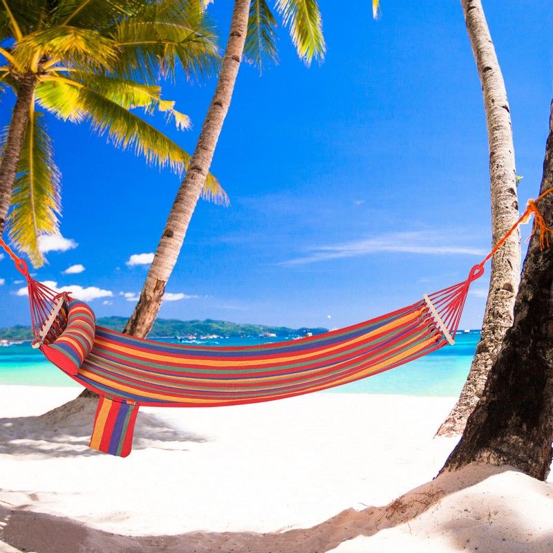 Cotton Hammock Soft Portable Swing Sleeping w Headrest & Side Pocket Deluxe Swing Chair Beach
