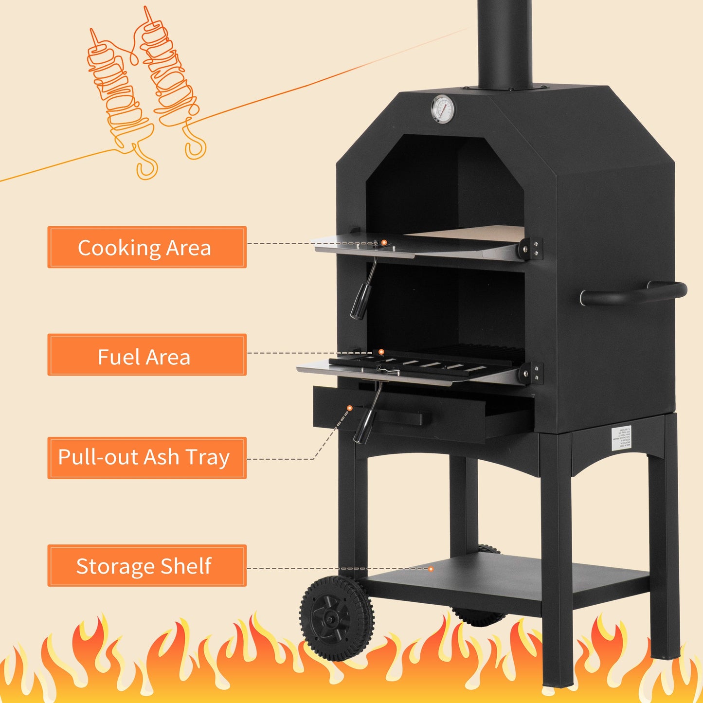 Outdoor Garden Pizza Oven Charcoal BBQ Grill 3-Tier Freestanding w/ Chimney