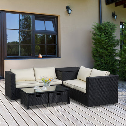 4-Piece Rattan Wicker Garden Furniture Patio Sofa Storage & Table Set w/ 2 Drawers Coffee Table
