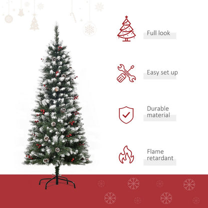 Homcom 5FT Artificial Christmas Tree Xmas Pencil Tree with Red Berries and Pinecones Holiday Home Indoor Decoration with Foldable Feet