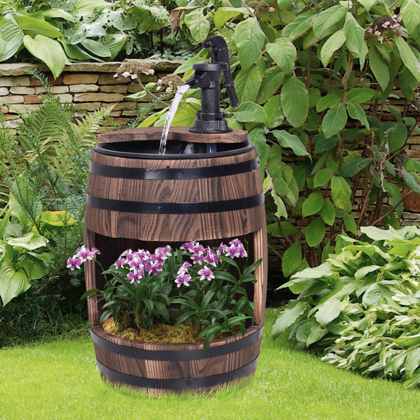 Fir Wood Barrel Pump Fountain W/ Flower Planter