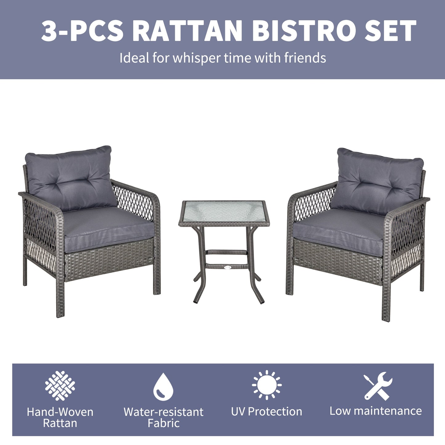 Outsunny 3 Pieces Patio PE Rattan Bistro Set