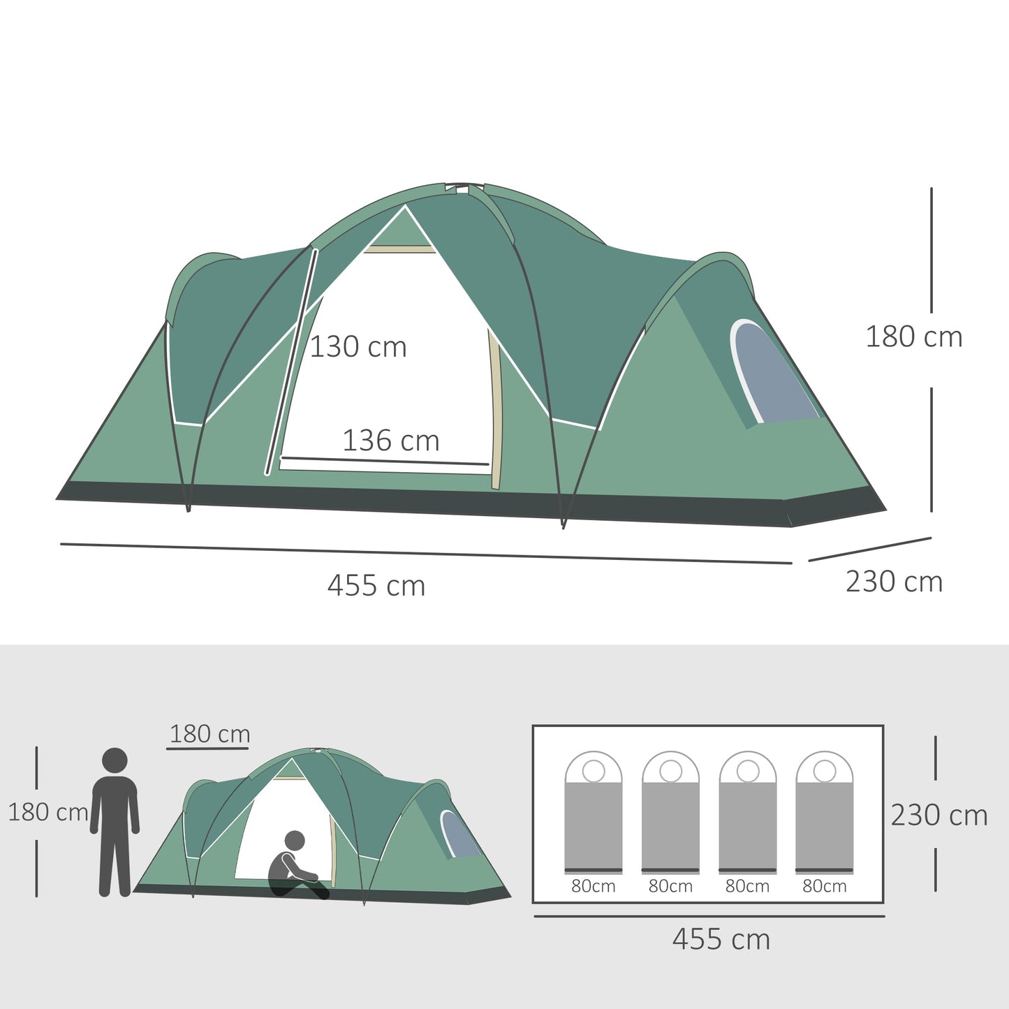 5-6 Man Dome Camping Tent Hiking Shelter UV Protection 3000mm Water Resistant Tunnel Tent - Dark Green