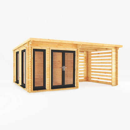 Mercia Studio 10' 11" x 19' 4" Pent Log Cabin Slatted - Premium 44mm Cladding Loglap - Grey UPVC