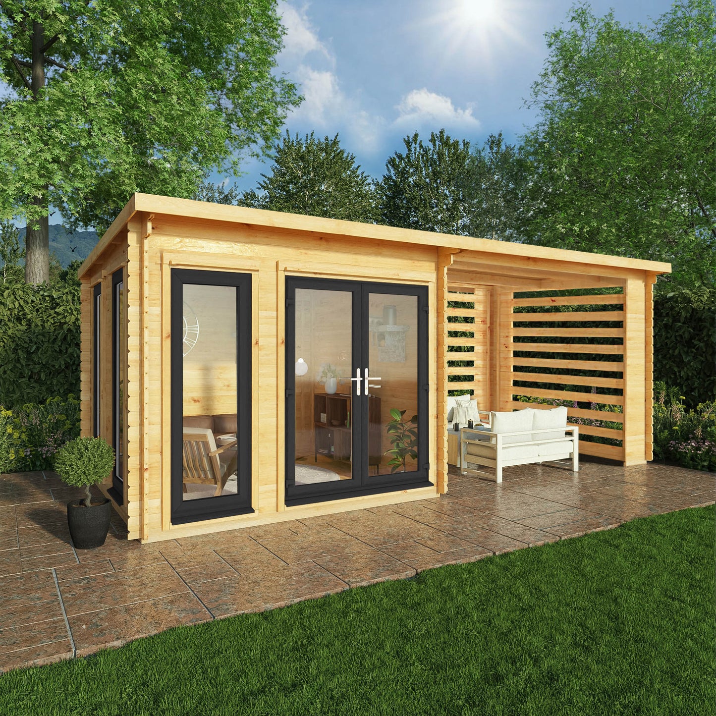 Mercia Studio 10' 11" x 19' 4" Pent Log Cabin Slatted - Premium 44mm Cladding Loglap - Grey UPVC Primary Image