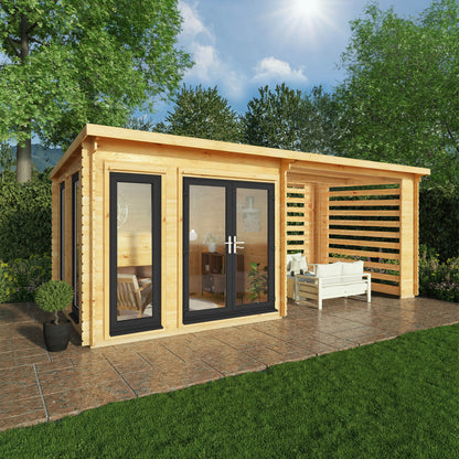 Mercia Studio 10' 11" x 19' 4" Pent Log Cabin Slatted - Premium 44mm Cladding Loglap - Grey UPVC Primary Image