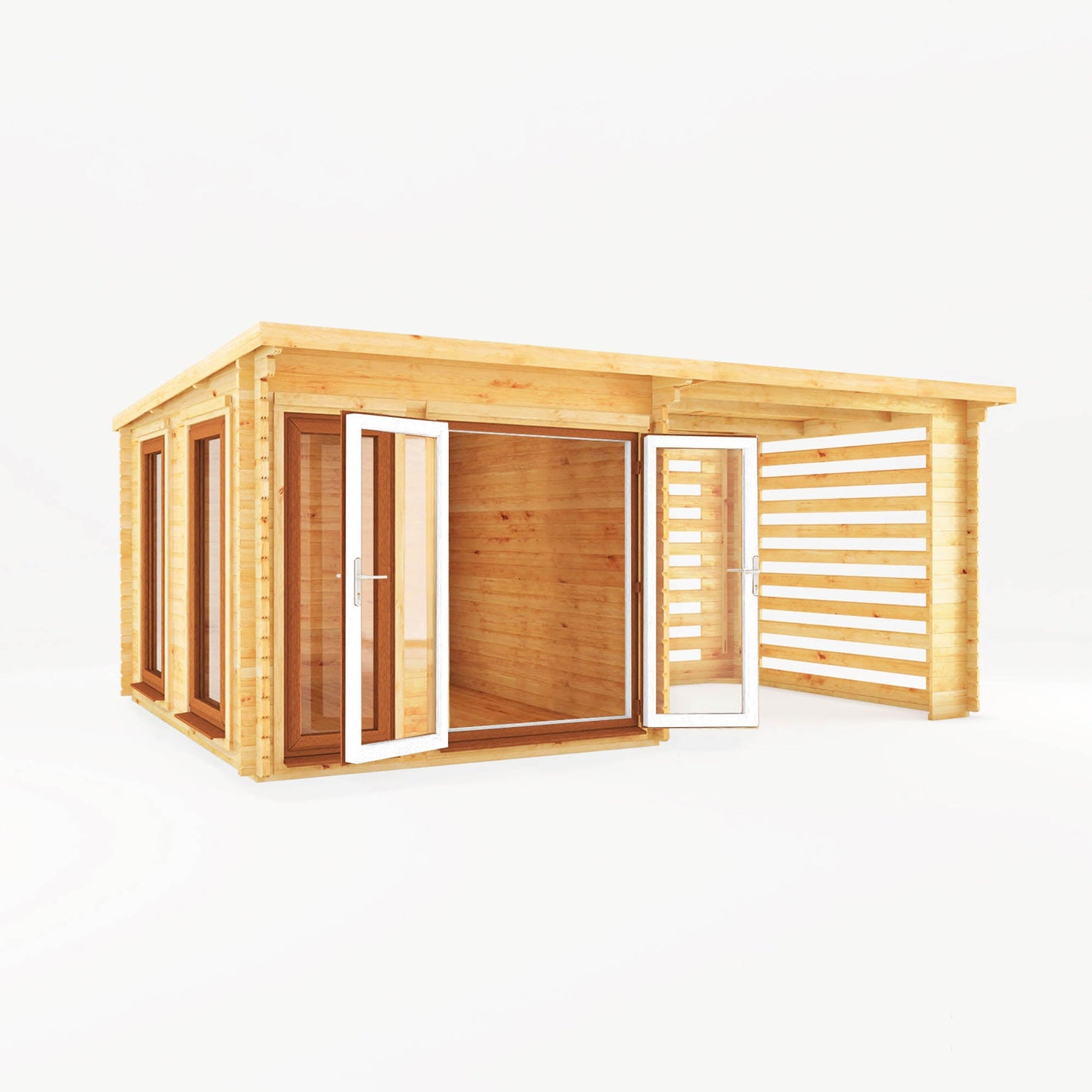 Mercia Studio 10' 11" x 19' 4" Pent Log Cabin Slatted - Premium 44mm Cladding Loglap - Brown UPVC