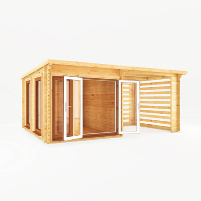 Mercia Studio 10' 11" x 19' 4" Pent Log Cabin Slatted - Premium 44mm Cladding Loglap - Brown UPVC