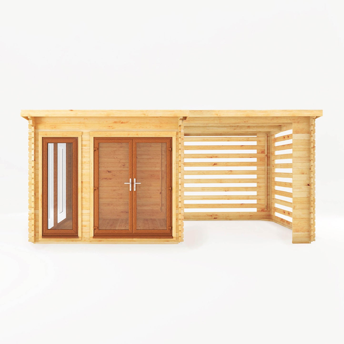 Mercia Studio 10' 11" x 19' 4" Pent Log Cabin Slatted - Premium 44mm Cladding Loglap - Brown UPVC