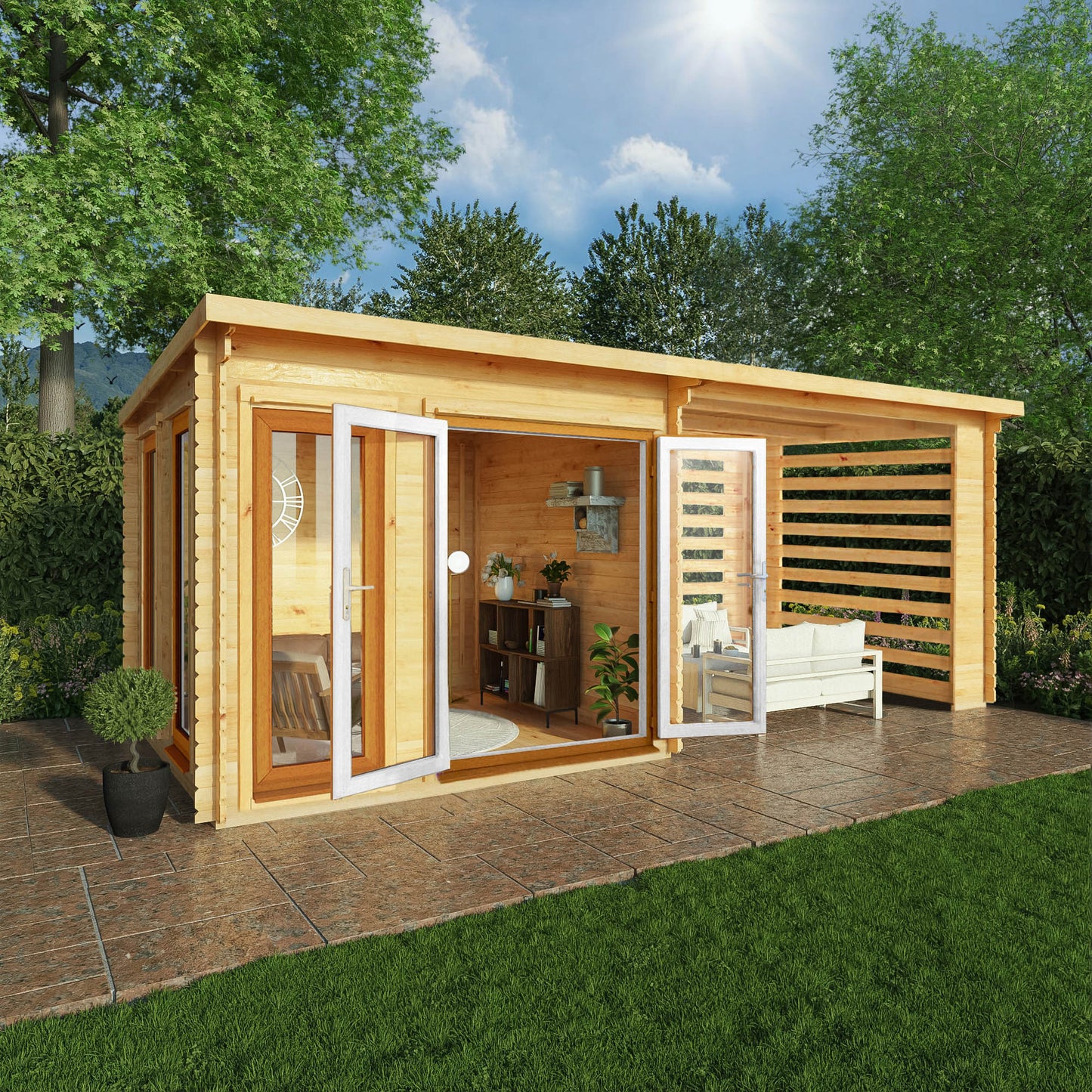 Mercia Studio 10' 11" x 19' 4" Pent Log Cabin Slatted - Premium 44mm Cladding Loglap - Brown UPVC