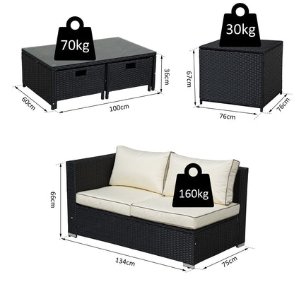 4-Piece Rattan Wicker Garden Furniture Patio Sofa Storage & Table Set w/ 2 Drawers Coffee Table