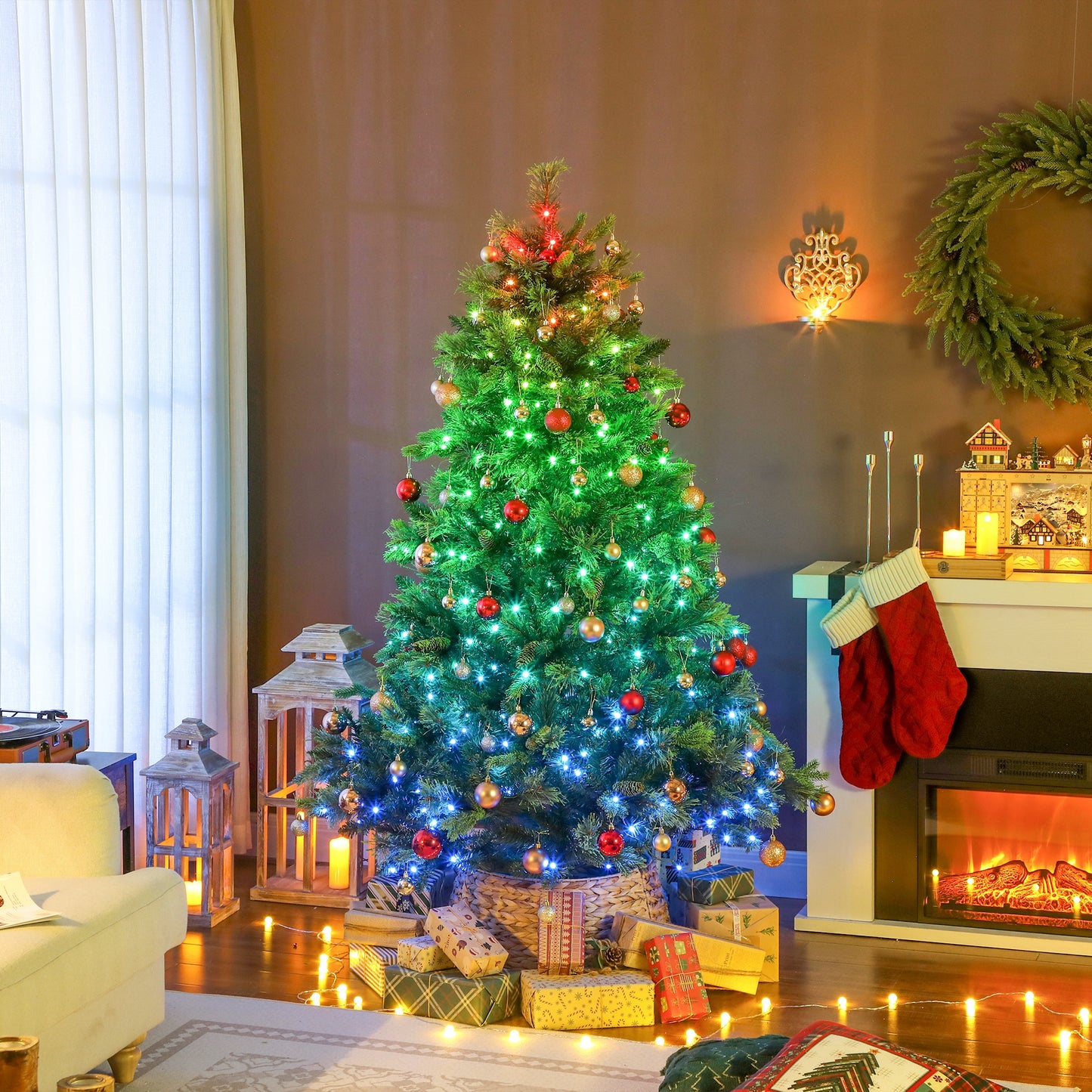 6ft Carolina Pine Christmas Tree Artificial - with LED Lights Multicoloured 2123 Tips