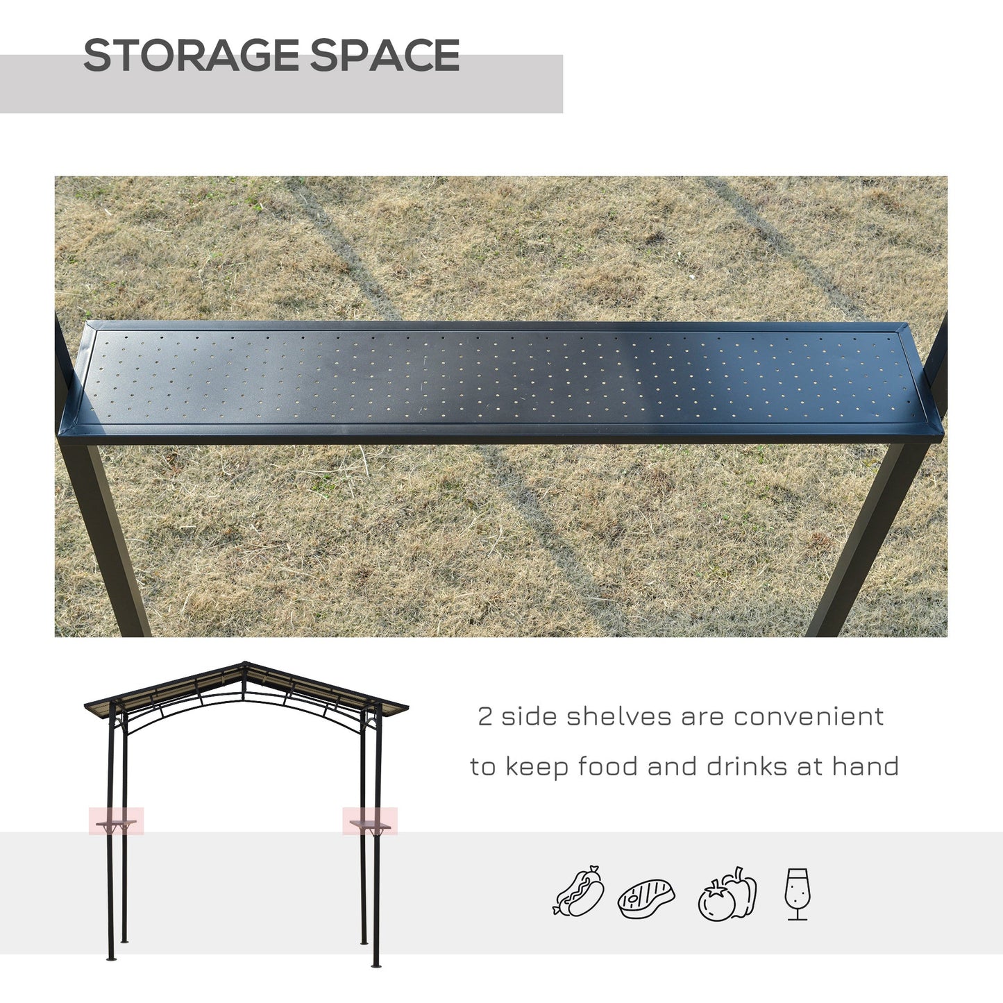 2.5 x 1.5m Outdoor Grill BBQ Gazebo Canopy with Side Shelves PC Roof Aluminium