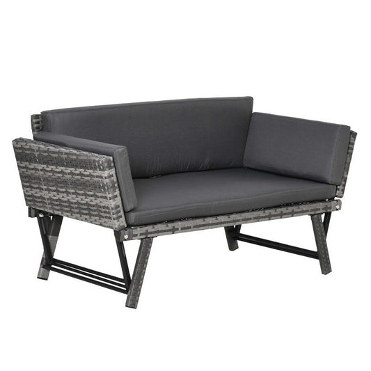 Outsunny 2 In 1 Rattan Folding Daybed Sofa Bench Garden Chaise Lounger Loveseat With Cushion Outdoor Patio Mixed Grey Primary Image