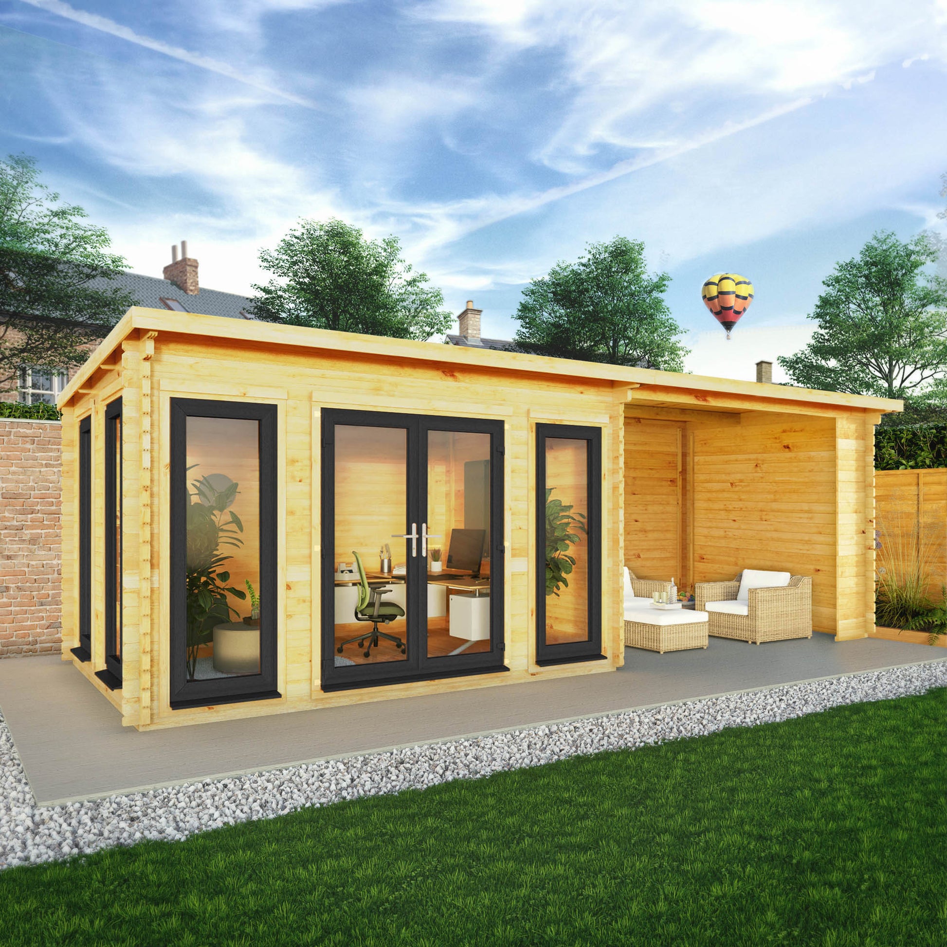 Mercia Studio 10' 11" x 22' 8" Pent Log Cabin - Premium 44mm Cladding Loglap - Grey UPVC Primary Image