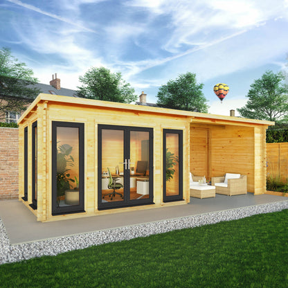 Mercia Studio 10' 11" x 22' 8" Pent Log Cabin - Premium 44mm Cladding Loglap - Grey UPVC Primary Image