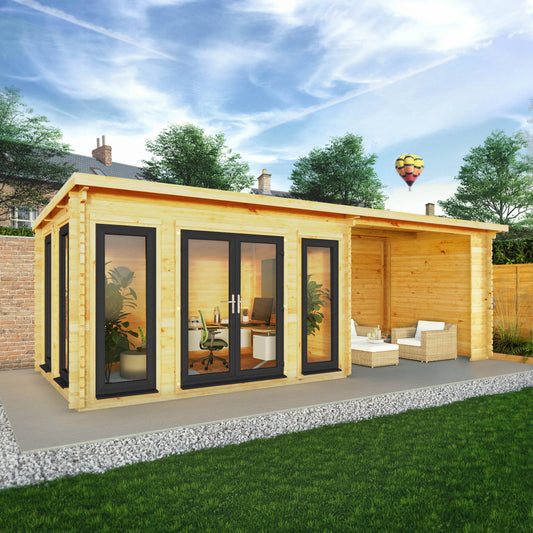 Mercia Studio 10' 11" x 22' 8" Pent Log Cabin - Premium 44mm Cladding Loglap - Grey UPVC